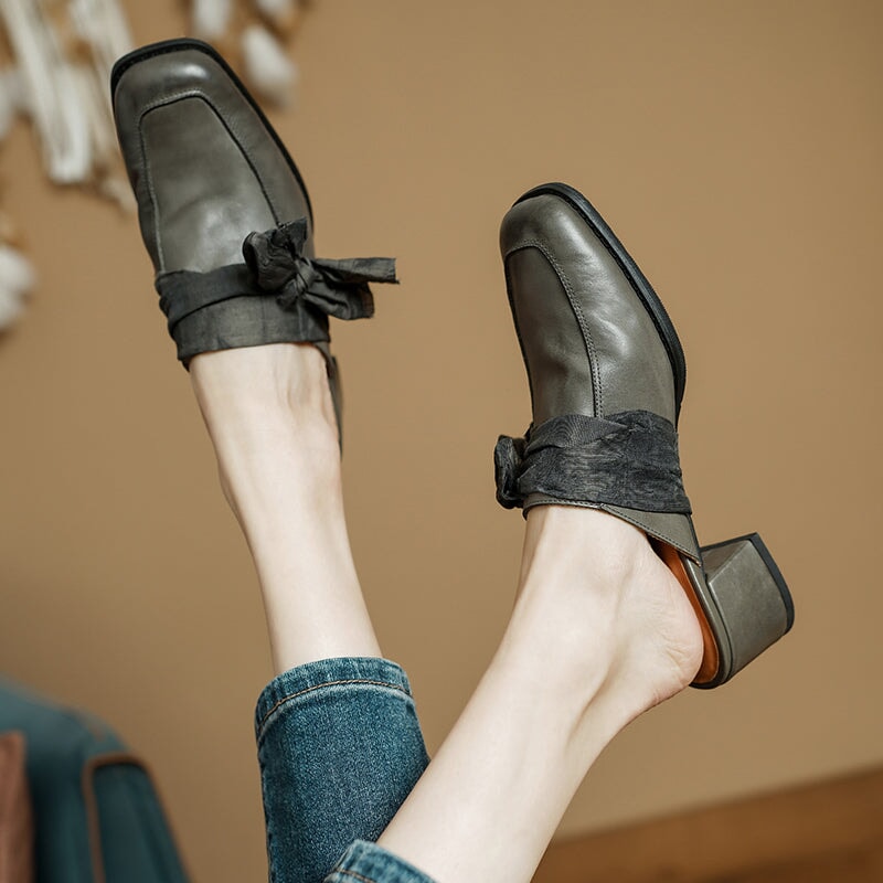 Retro Cow Leather Bow Tie Mules Square Toe Slippers for Women in Black/Grey/Apricot