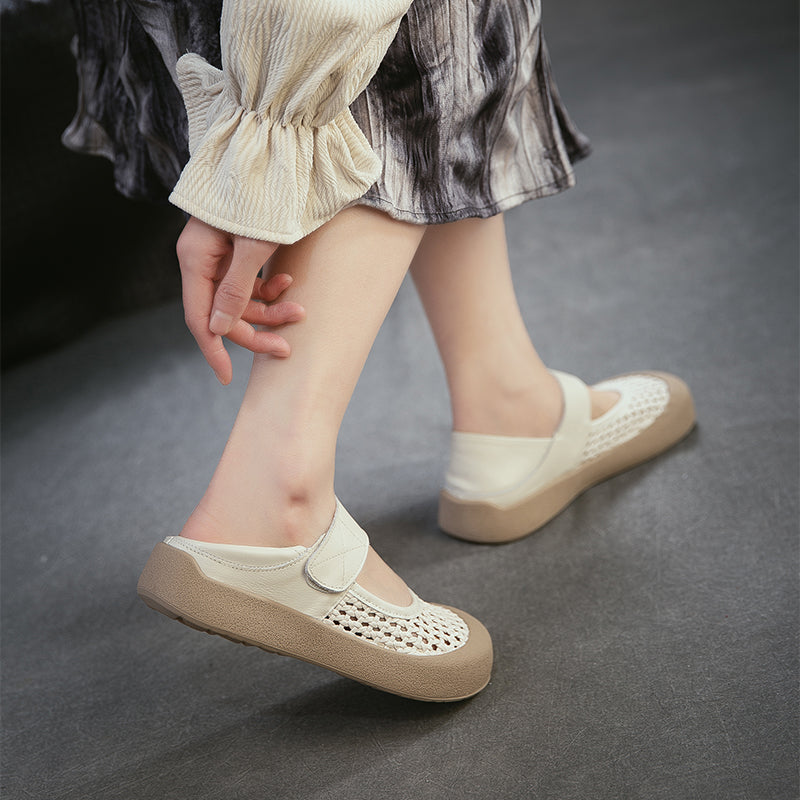 Retro Cut-Out Leather Mary Jane Flats Round Toe Velcro Casual Shoes in Brown/Beige