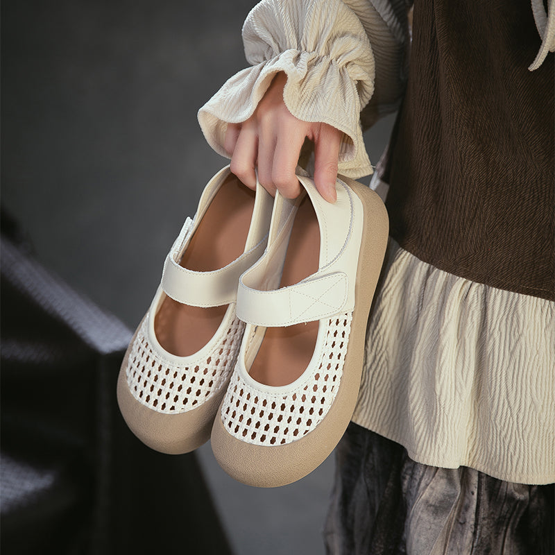 Retro Cut-Out Leather Mary Jane Flats Round Toe Velcro Casual Shoes in Brown/Beige