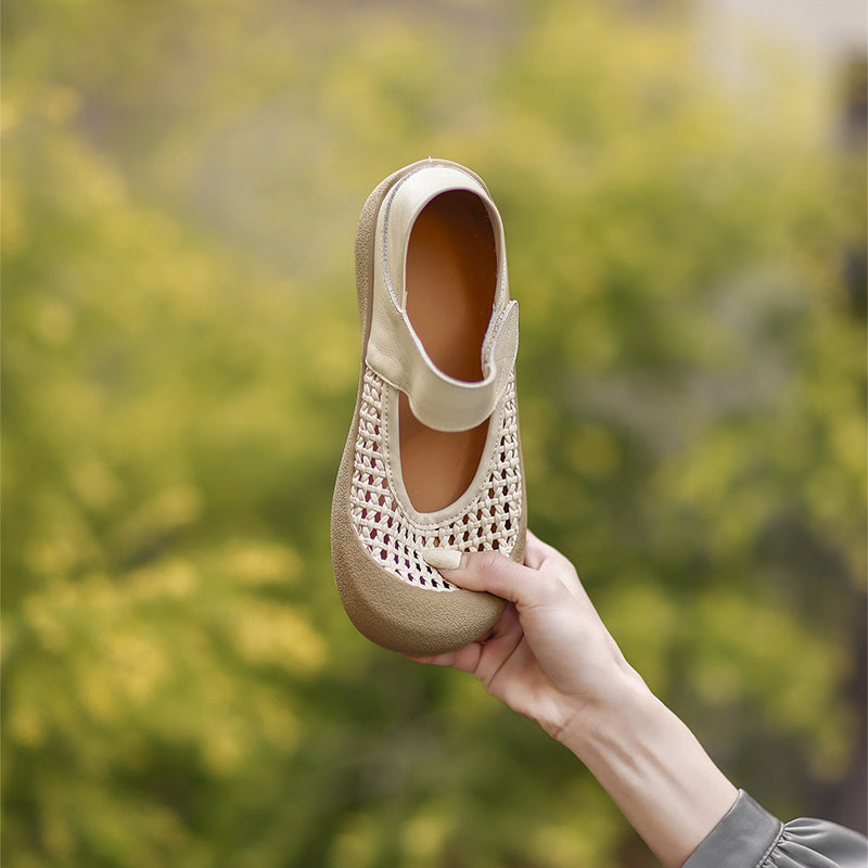 Retro Cut-Out Leather Mary Jane Flats Round Toe Velcro Casual Shoes in Brown/Beige