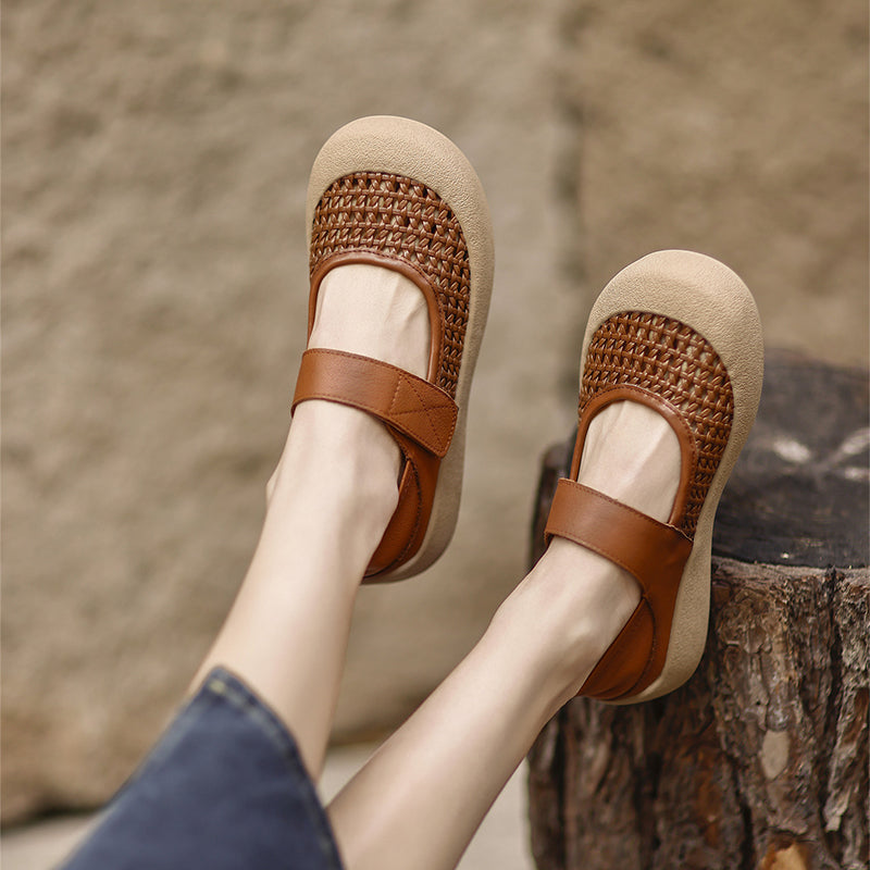 Retro Cut-Out Leather Mary Jane Flats Round Toe Velcro Casual Shoes in Brown/Beige