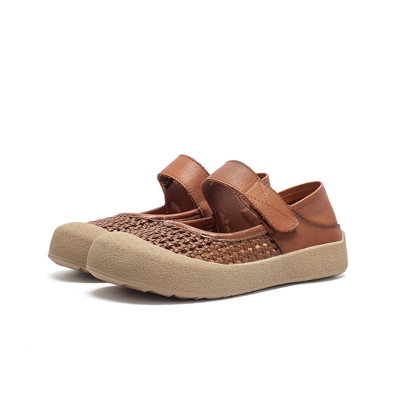 Retro Cut-Out Leather Mary Jane Flats Round Toe Velcro Casual Shoes in Brown/Beige