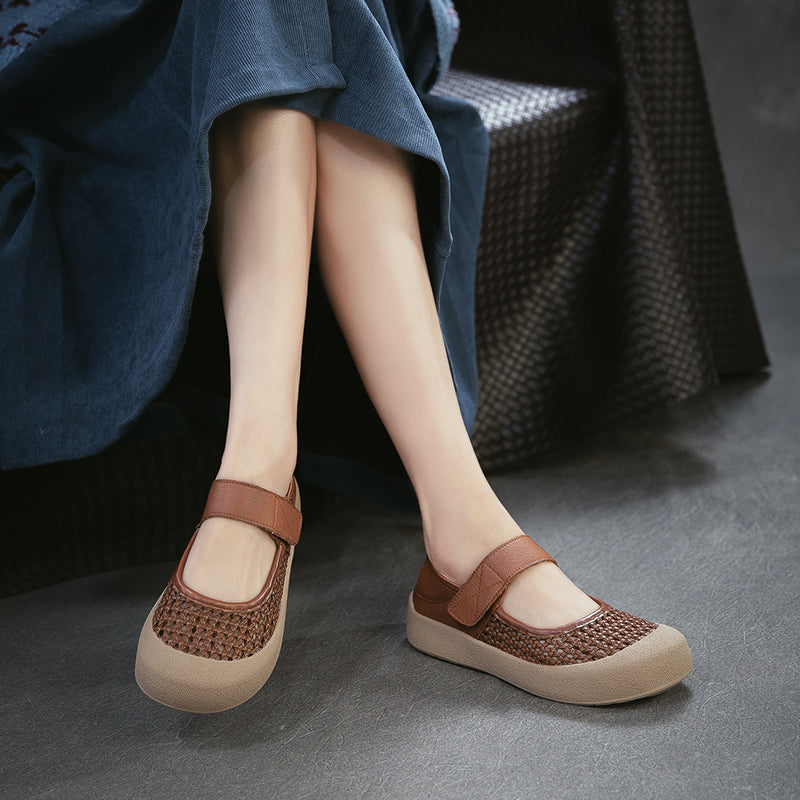 Retro Cut-Out Leather Mary Jane Flats Round Toe Velcro Casual Shoes in Brown/Beige