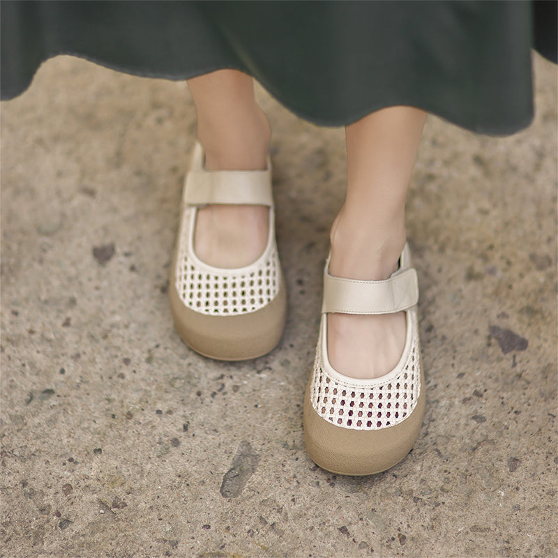Retro Cut-Out Leather Mary Jane Flats Round Toe Velcro Casual Shoes in Brown/Beige