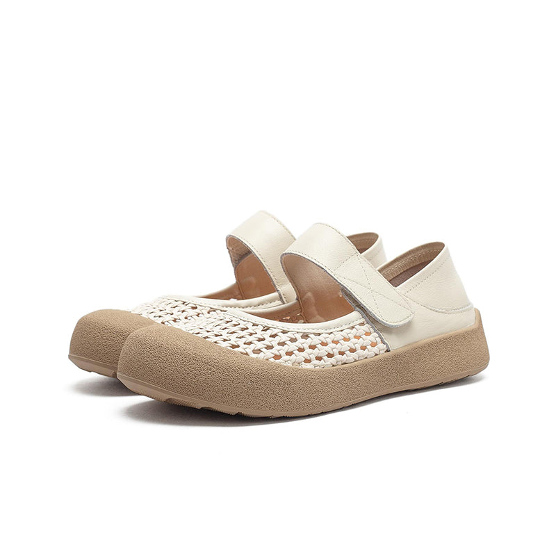 Retro Cut-Out Leather Mary Jane Flats Round Toe Velcro Casual Shoes in Brown/Beige