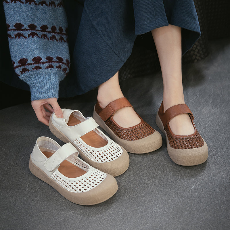 Retro Cut-Out Leather Mary Jane Flats Round Toe Velcro Casual Shoes in Brown/Beige