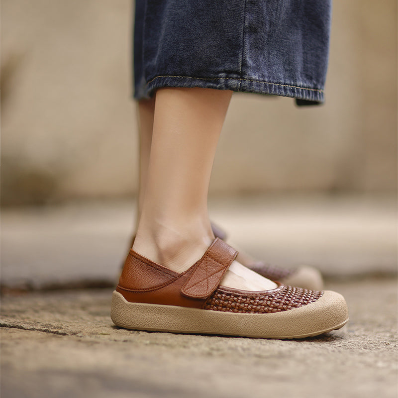Retro Cut-Out Leather Mary Jane Flats Round Toe Velcro Casual Shoes in Brown/Beige