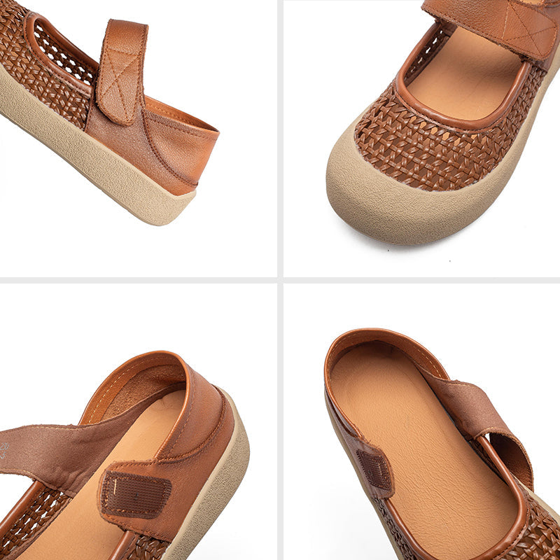 Retro Cut-Out Leather Mary Jane Flats Round Toe Velcro Casual Shoes in Brown/Beige