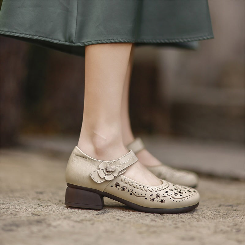 Retro Handmade Leather Brogue Perforated Mary Jane Shoes for Women in Beige/Brown