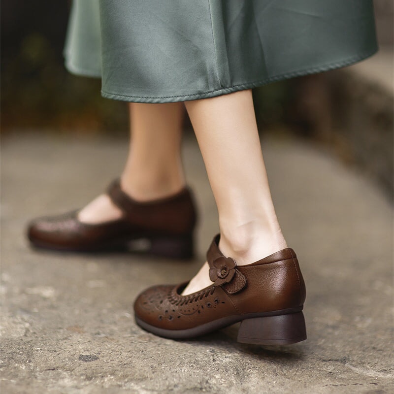 Retro Handmade Leather Brogue Perforated Mary Jane Shoes for Women in Beige/Brown