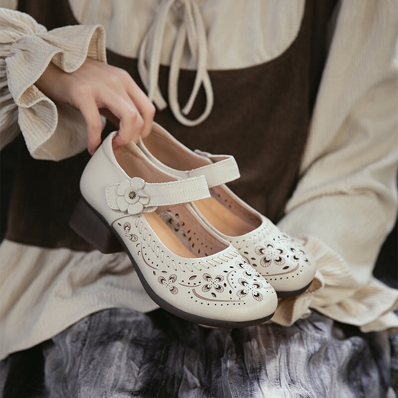Retro Handmade Leather Brogue Perforated Mary Jane Shoes for Women in Beige/Brown