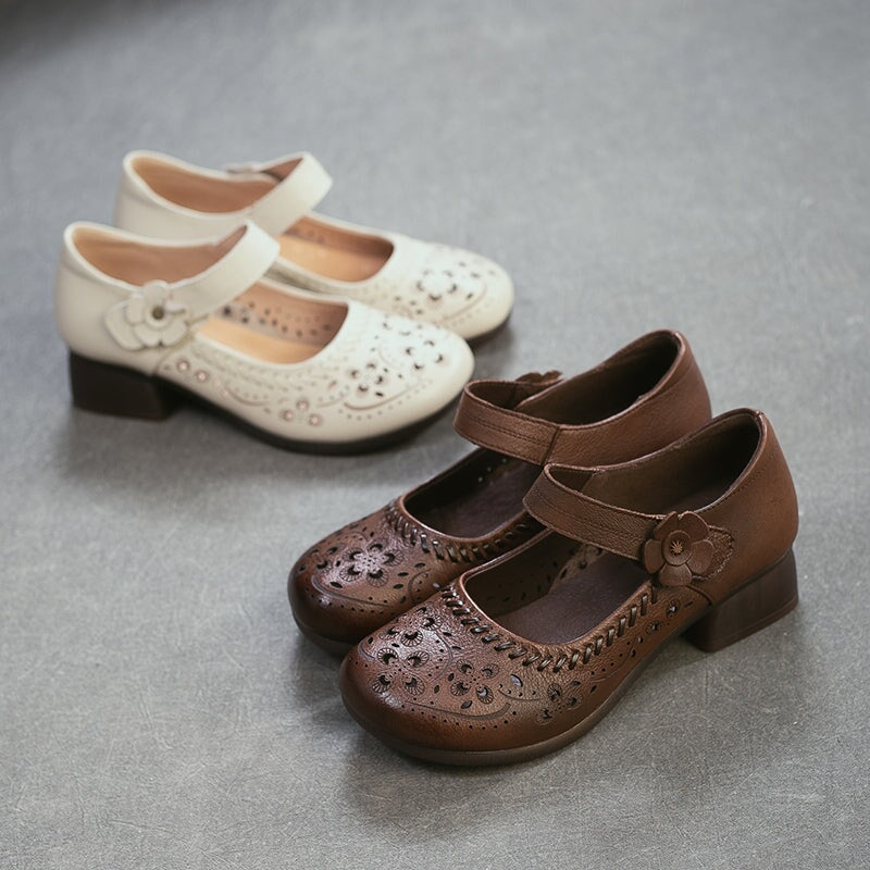 Retro Handmade Leather Brogue Perforated Mary Jane Shoes for Women in Beige/Brown
