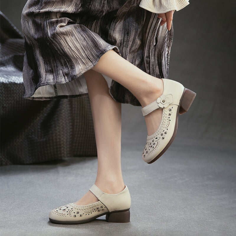 Retro Handmade Leather Brogue Perforated Mary Jane Shoes for Women in Beige/Brown