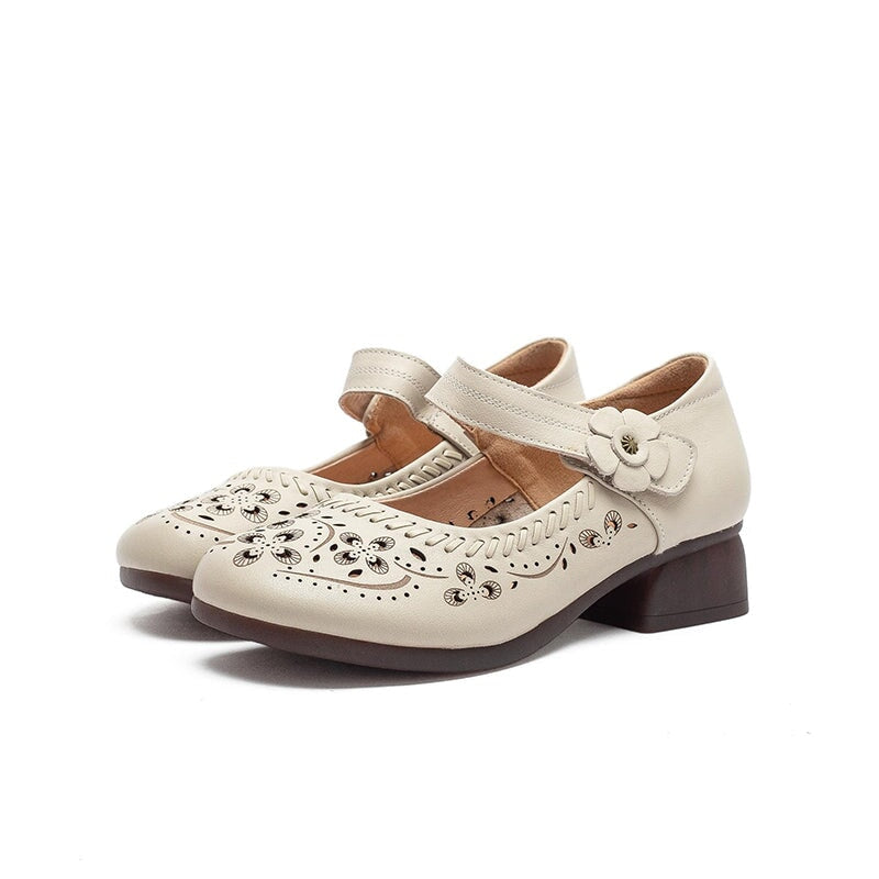Retro Handmade Leather Brogue Perforated Mary Jane Shoes for Women in Beige/Brown
