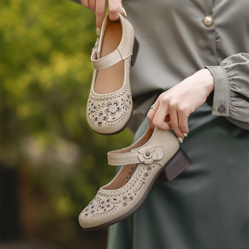 Retro Handmade Leather Brogue Perforated Mary Jane Shoes for Women in Beige/Brown