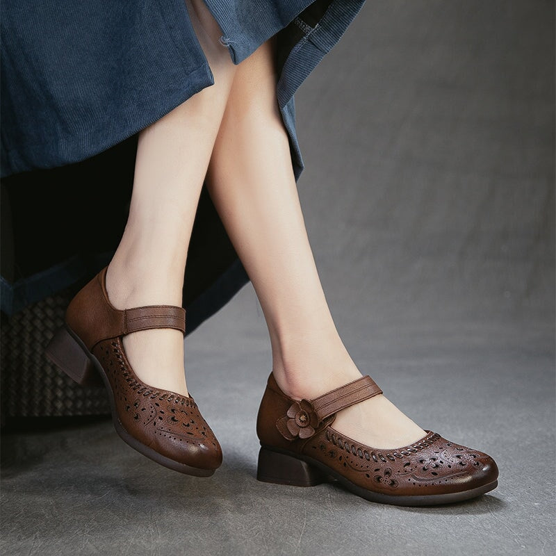 Retro Handmade Leather Brogue Perforated Mary Jane Shoes for Women in Beige/Brown