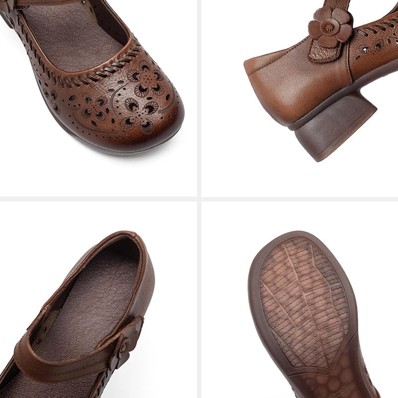 Retro Handmade Leather Brogue Perforated Mary Jane Shoes for Women in Beige/Brown