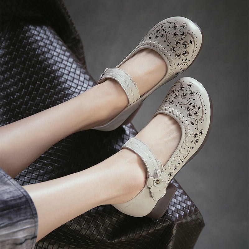 Retro Handmade Leather Brogue Perforated Mary Jane Shoes for Women in Beige/Brown