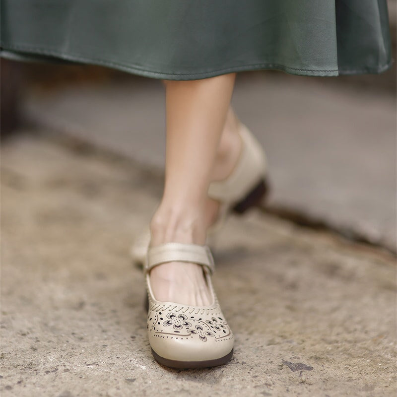 Retro Handmade Leather Brogue Perforated Mary Jane Shoes for Women in Beige/Brown