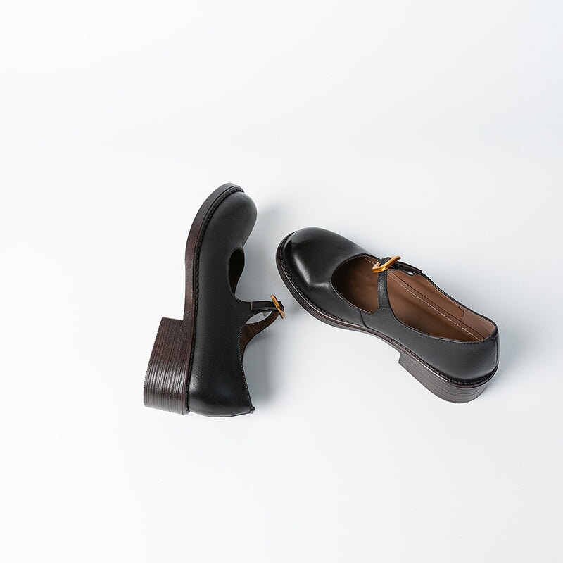 Retro Handmade Leather Pumps Casual Mary Jane Shoes in Black/Deep Brown