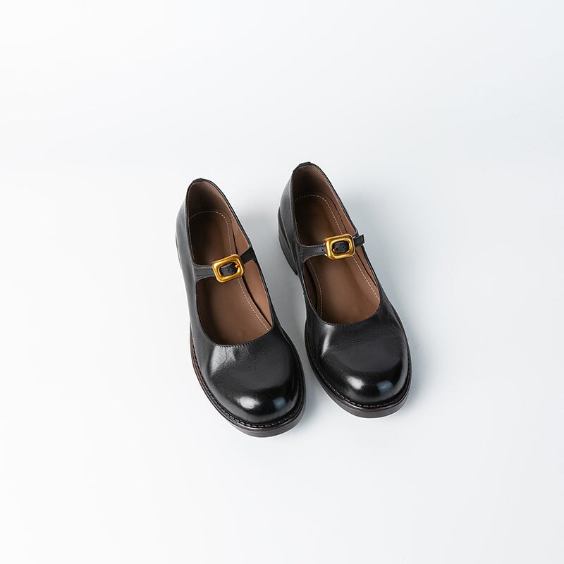 Retro Handmade Leather Pumps Casual Mary Jane Shoes in Black/Deep Brown