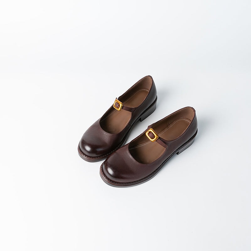 Retro Handmade Leather Pumps Casual Mary Jane Shoes in Black/Deep Brown
