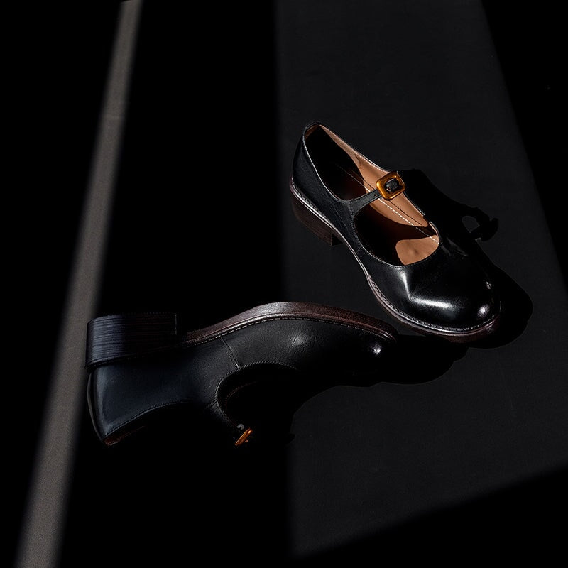 Retro Handmade Leather Pumps Casual Mary Jane Shoes in Black/Deep Brown