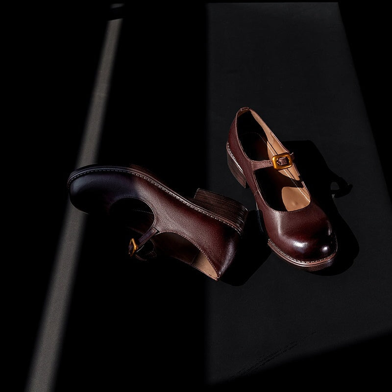 Retro Handmade Leather Pumps Casual Mary Jane Shoes in Black/Deep Brown