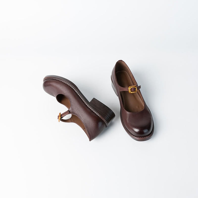 Retro Handmade Leather Pumps Casual Mary Jane Shoes in Black/Deep Brown