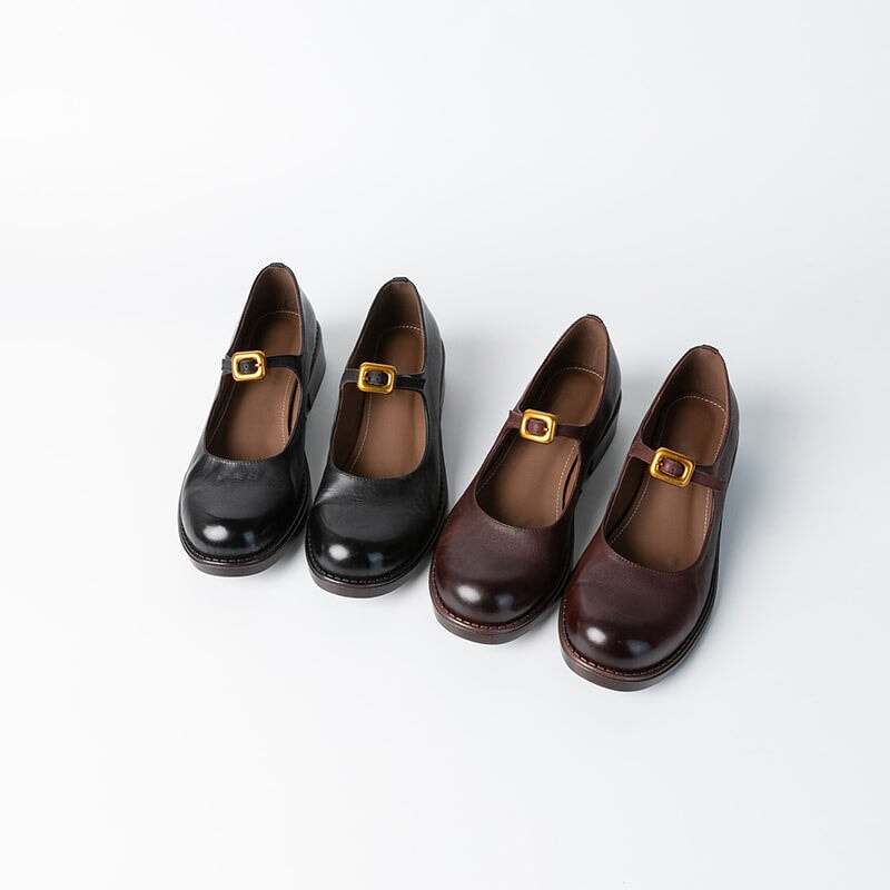 Retro Handmade Leather Pumps Casual Mary Jane Shoes in Black/Deep Brown
