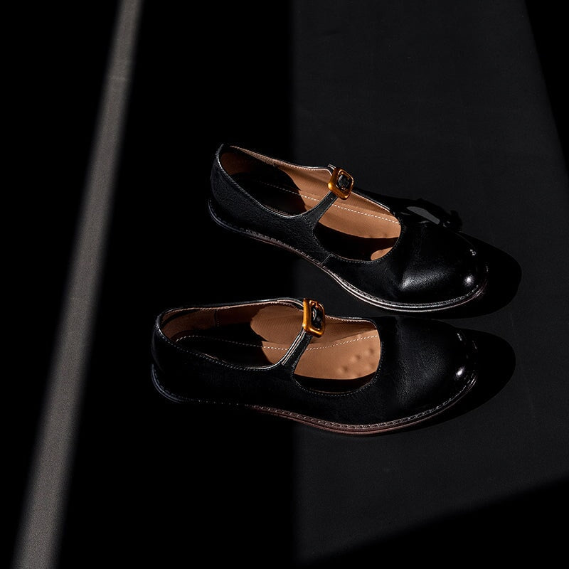 Retro Handmade Leather Pumps Casual Mary Jane Shoes in Black/Deep Brown