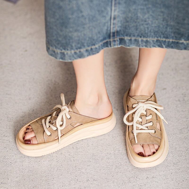Retro Lace-Up Platform Peep Toe Cowhide Slippers Casual Leather Sandals in Beige/Yellow