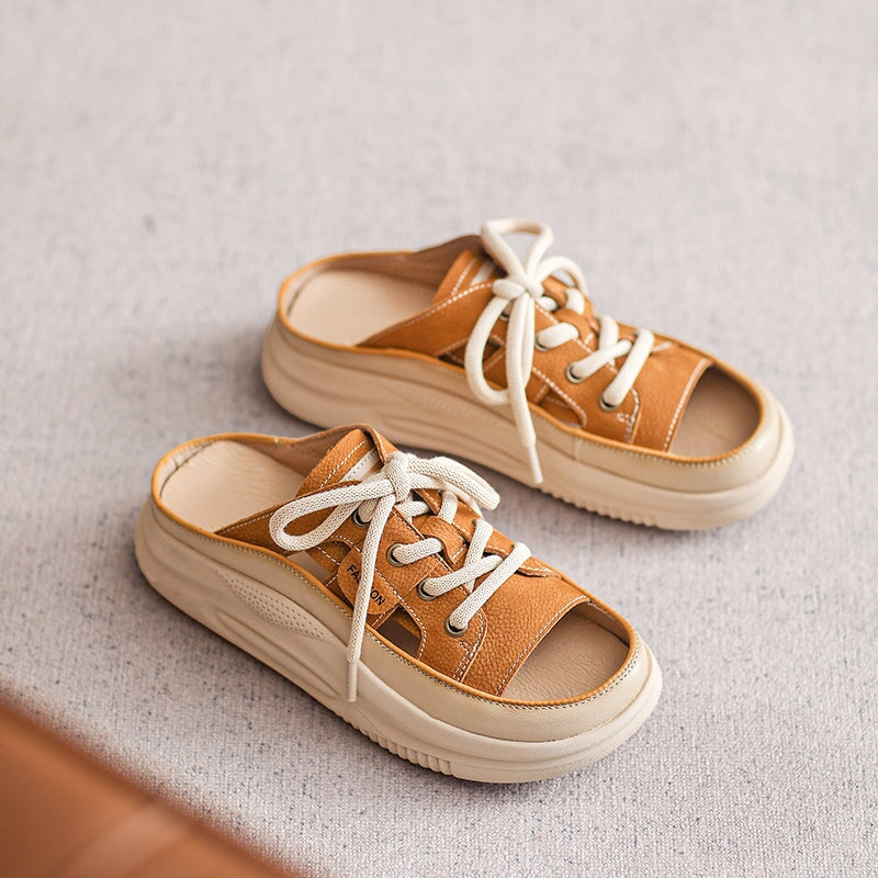 Retro Lace-Up Platform Peep Toe Cowhide Slippers Casual Leather Sandals in Beige/Yellow