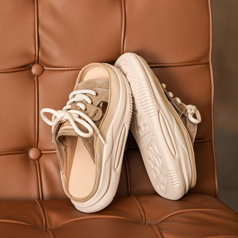 Retro Lace-Up Platform Peep Toe Cowhide Slippers Casual Leather Sandals in Beige/Yellow