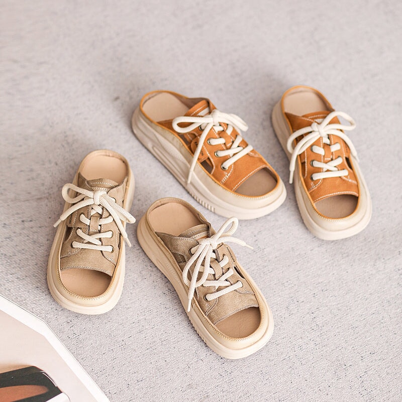 Retro Lace-Up Platform Peep Toe Cowhide Slippers Casual Leather Sandals in Beige/Yellow