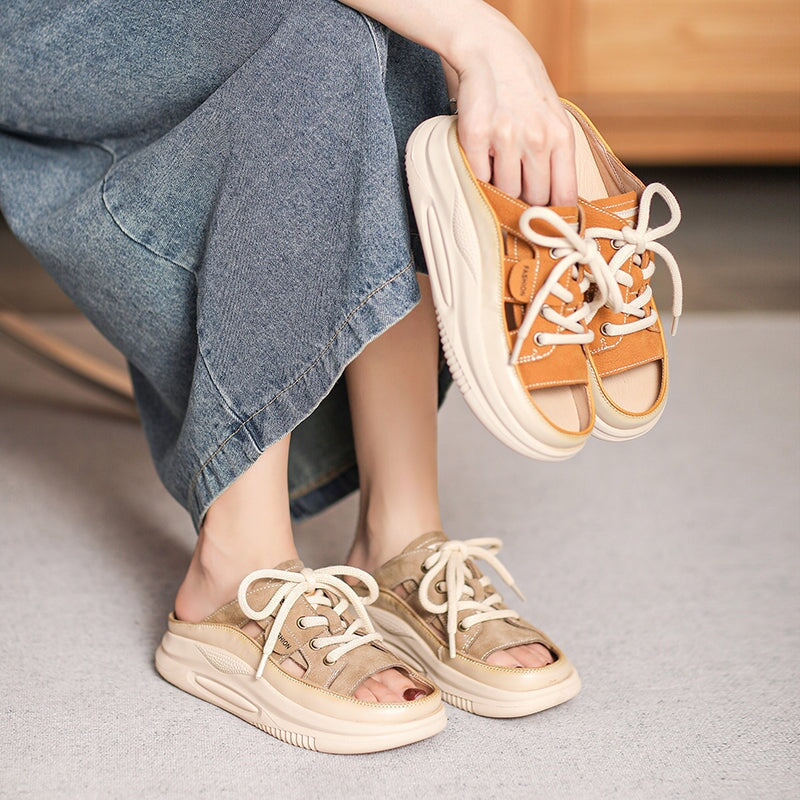 Retro Lace-Up Platform Peep Toe Cowhide Slippers Casual Leather Sandals in Beige/Yellow