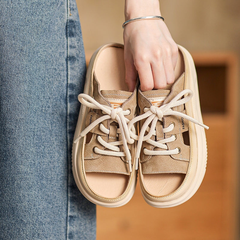 Retro Lace-Up Platform Peep Toe Cowhide Slippers Casual Leather Sandals in Beige/Yellow