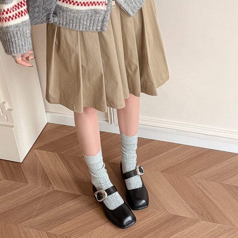 Retro Square Toe Handmade Leather Buckle Mary Jane Shoes in Black/Brown