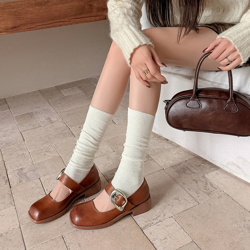 Retro Square Toe Handmade Leather Buckle Mary Jane Shoes in Black/Brown