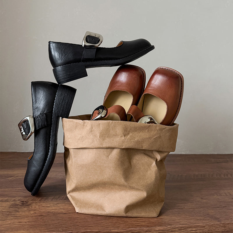 Retro Square Toe Handmade Leather Buckle Mary Jane Shoes in Black/Brown