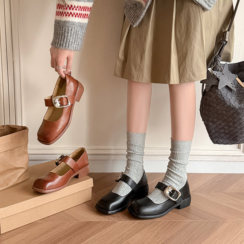 Retro Square Toe Handmade Leather Buckle Mary Jane Shoes in Black/Brown