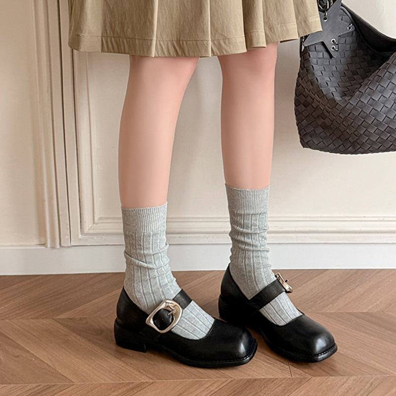 Retro Square Toe Handmade Leather Buckle Mary Jane Shoes in Black/Brown
