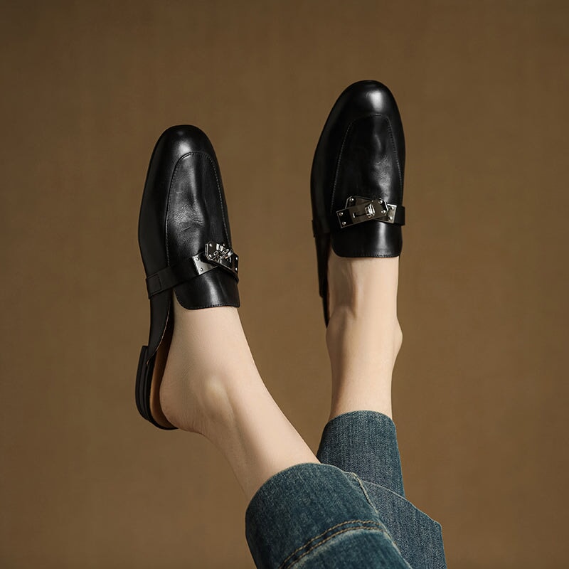 Retro Style Genuine Leather Soft Mule Flat Backless Loafers with Metal Buckle in Black/Brown/Apricot