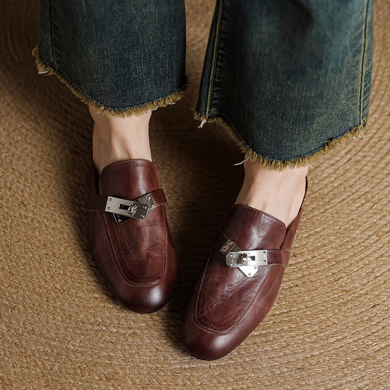 Retro Style Genuine Leather Soft Mule Flat Backless Loafers with Metal Buckle in Black/Brown/Apricot