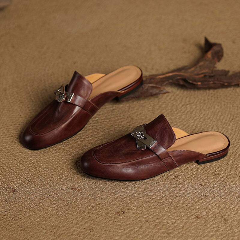 Retro Style Genuine Leather Soft Mule Flat Backless Loafers with Metal Buckle in Black/Brown/Apricot