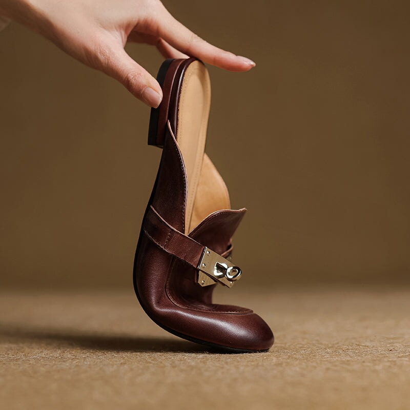 Retro Style Genuine Leather Soft Mule Flat Backless Loafers with Metal Buckle in Black/Brown/Apricot