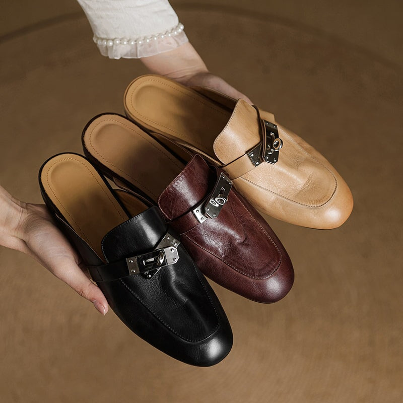Retro Style Genuine Leather Soft Mule Flat Backless Loafers with Metal Buckle in Black/Brown/Apricot