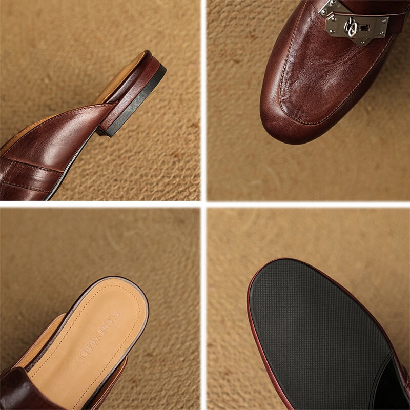 Retro Style Genuine Leather Soft Mule Flat Backless Loafers with Metal Buckle in Black/Brown/Apricot