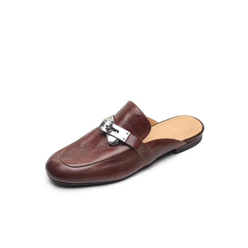 Retro Style Genuine Leather Soft Mule Flat Backless Loafers with Metal Buckle in Black/Brown/Apricot