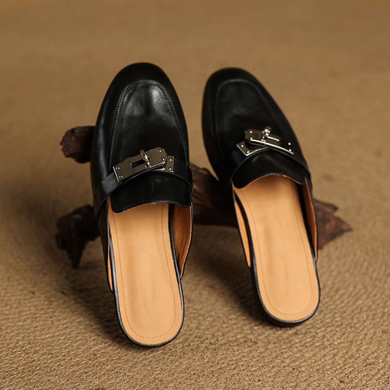Retro Style Genuine Leather Soft Mule Flat Backless Loafers with Metal Buckle in Black/Brown/Apricot